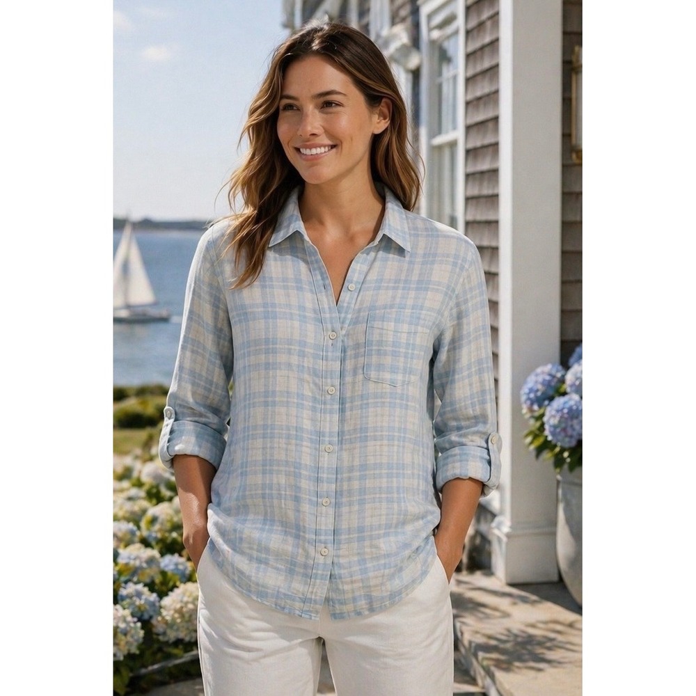 NWT Jones NY Shirt Womens 100% Linen Aqua Blue Plaid Coastal Preppy Beach Sz M